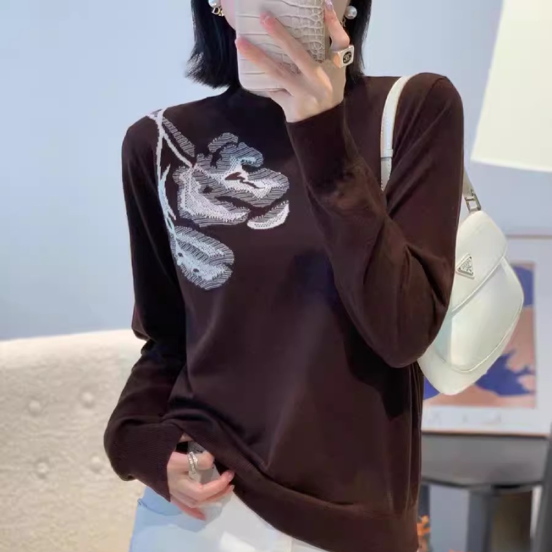 【玫瑰长袖-棕】半高圆领内搭打底衫女肩部花朵针织衫毛衣