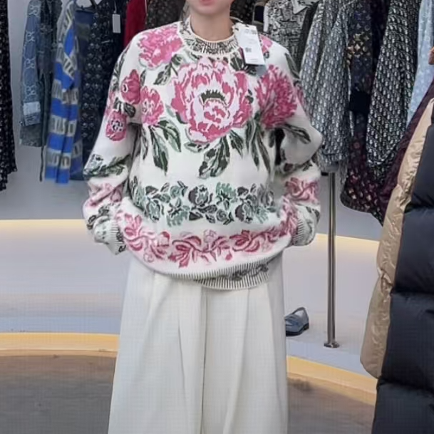 未使用 DIOR/迪奥 Dior 花卉满印圆领毛衣 多色M