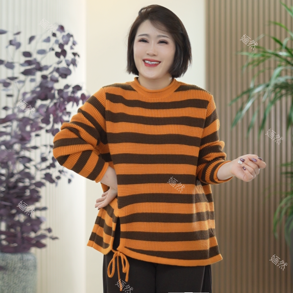 千绒纱粗棒针织衫大码减龄条纹弹力舒服秋季华夫格毛衣上衣女011