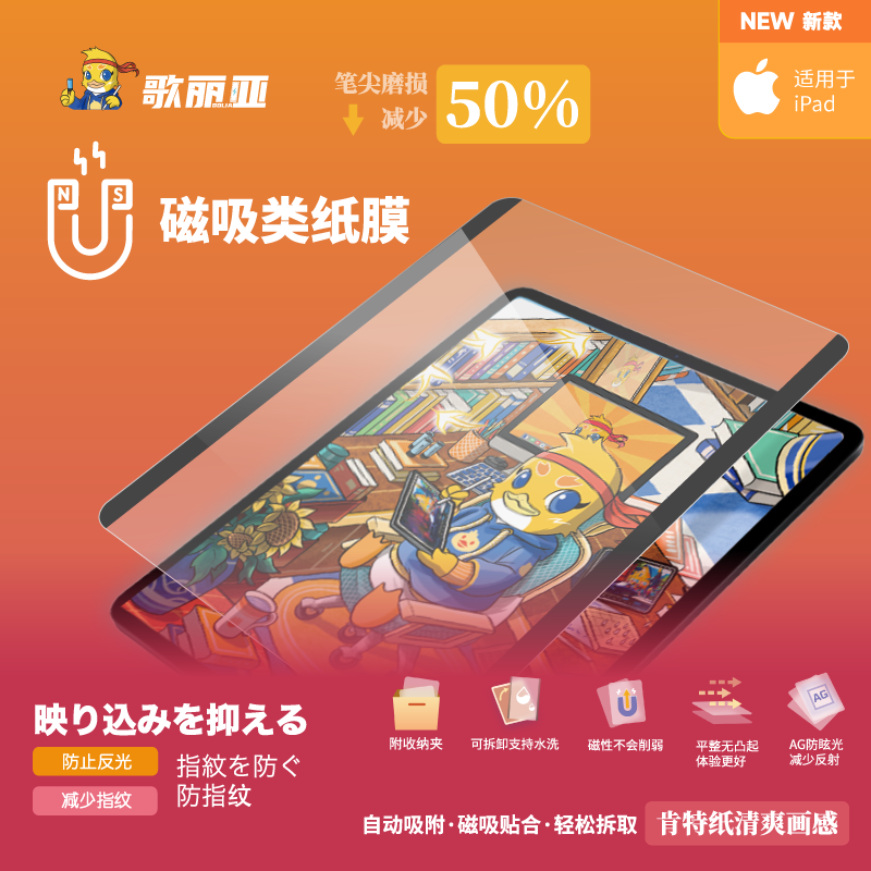 歌丽亚iPad可拆卸磁吸类纸膜肯特纸磨砂书写手绘护眼防眩光抗指纹