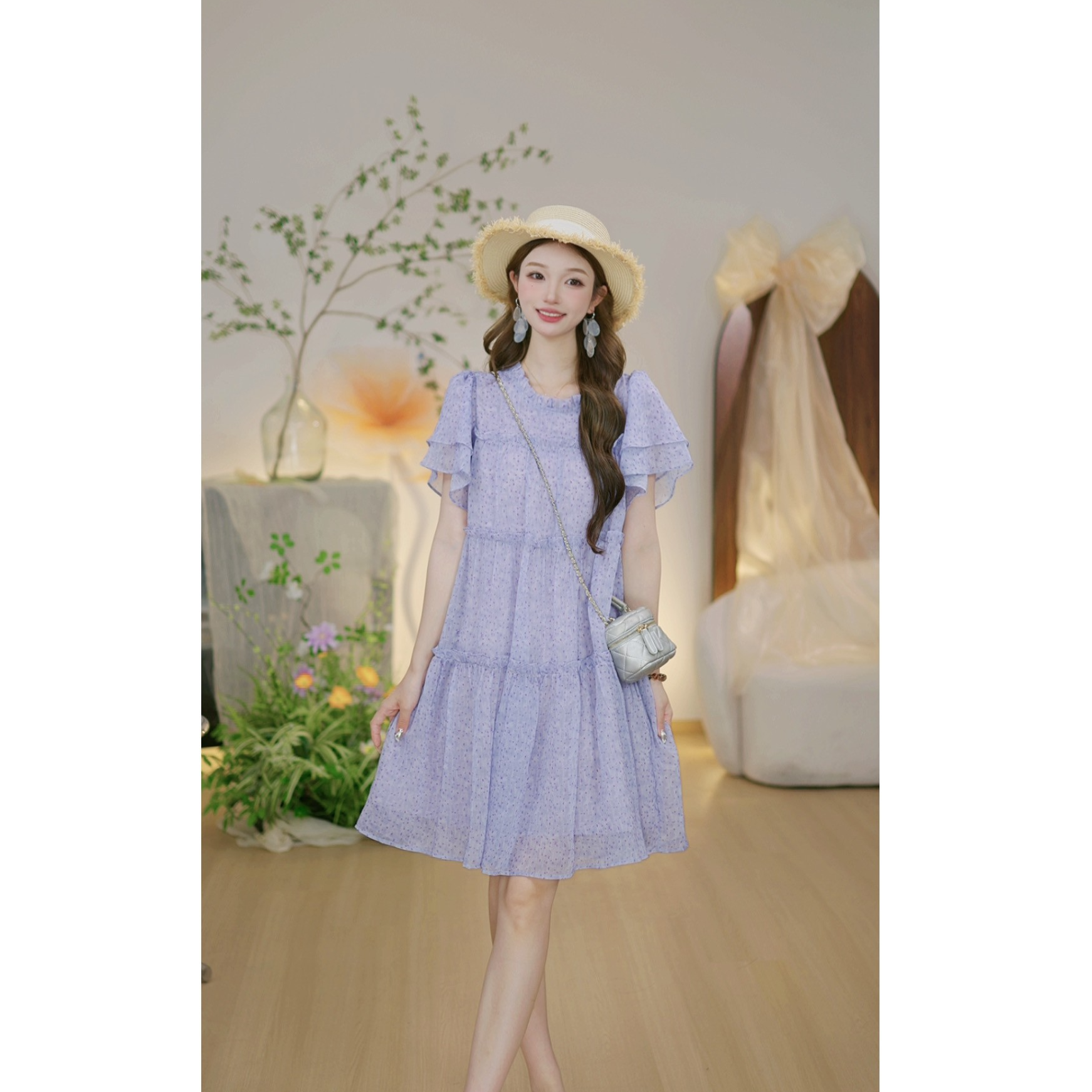 【仙紫A】法式木耳边温柔显白蛋糕裙宽松显瘦遮肉紫色仙气裙