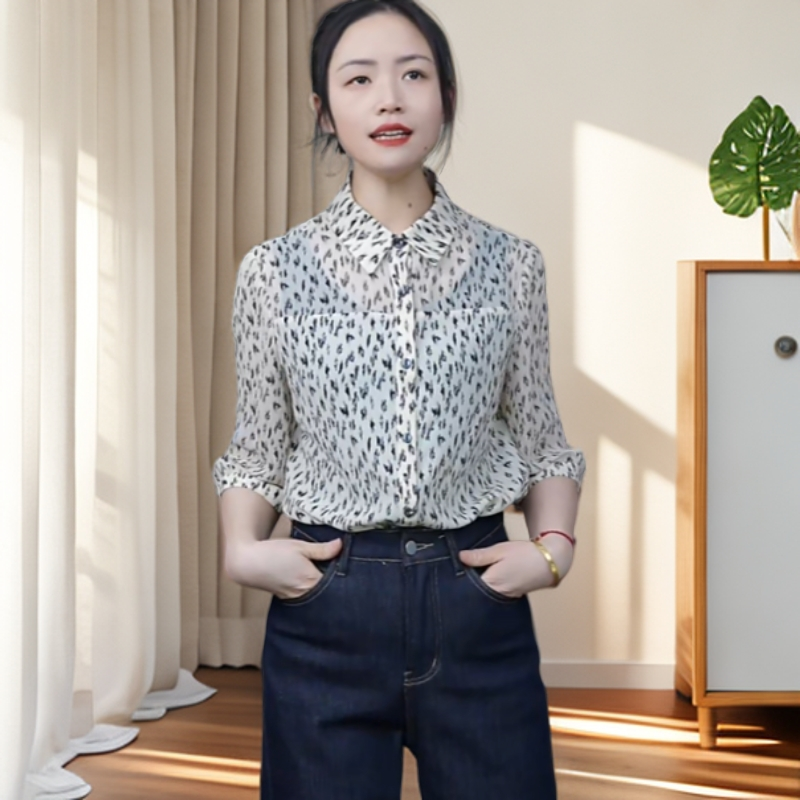 001-印花休闲常规款通用泡泡袖衬衫百搭翻领时尚薄款宽松