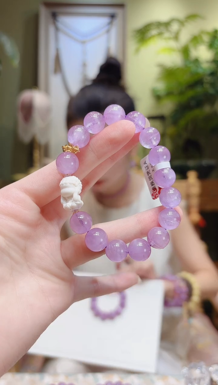 【闪购商品】锂辉石手串18K金镶嵌白不听佛紫锂辉手串