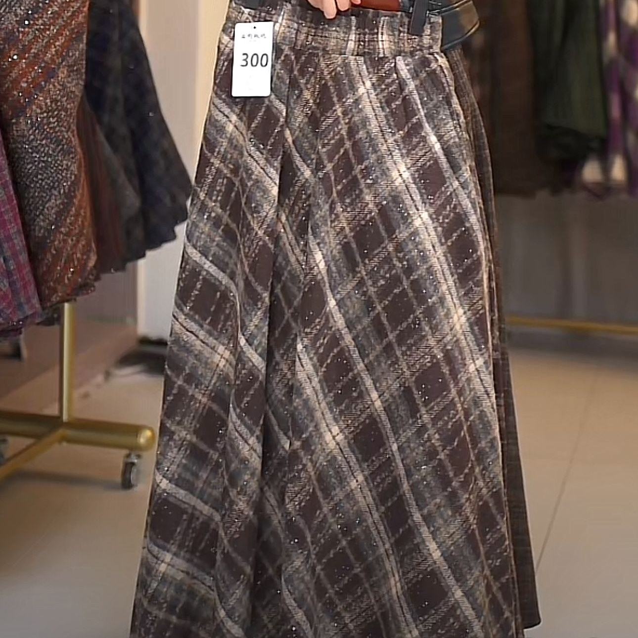 【慧】300大摆毛呢高腰格子复古百搭中长裙半身裙女2025秋冬新款