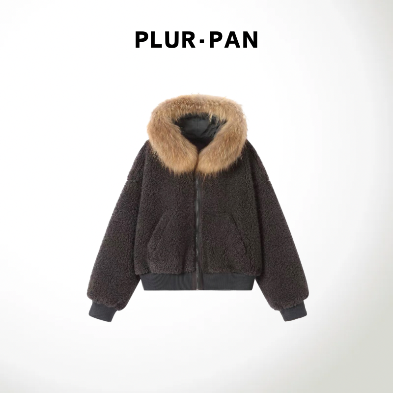 PLUR·PAN毛毛连帽气质短款拉链加厚保暖外套