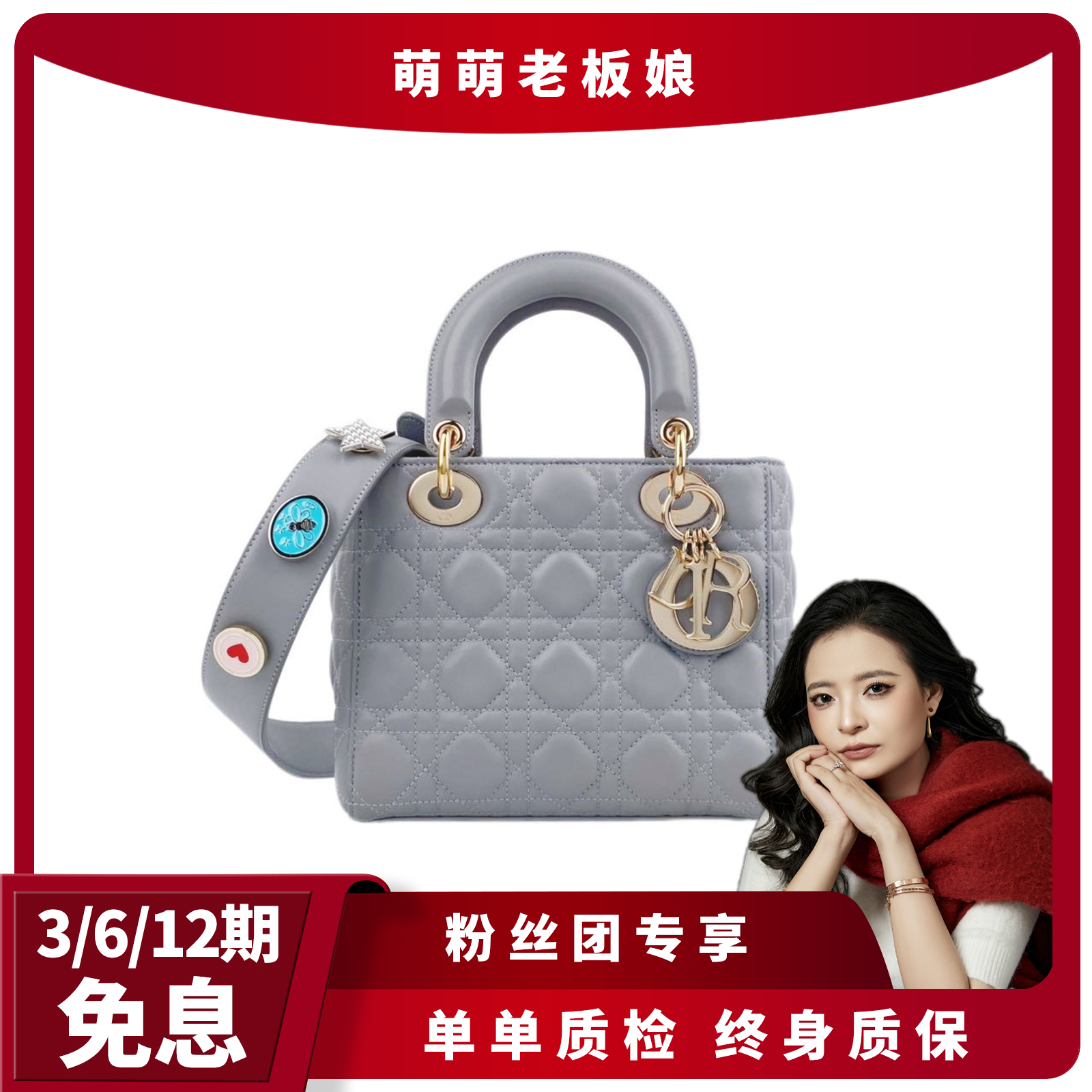 99新 DIOR/迪奥 DIOR灰色羊皮徽章四格戴妃