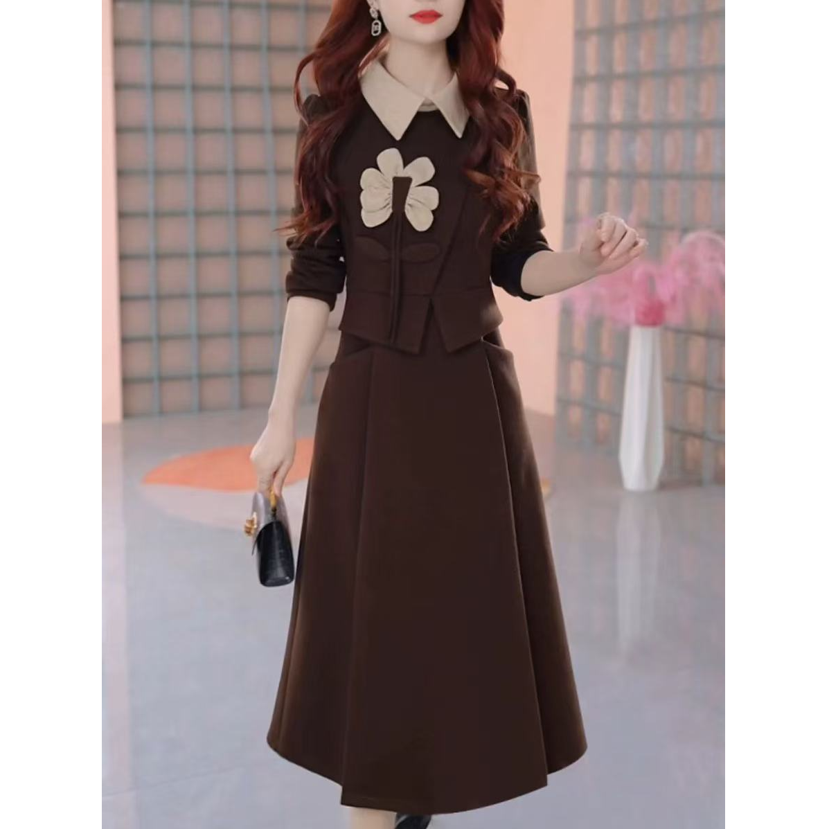 时尚洋气复古连衣裙女春秋季新款气质减龄女士加厚假两件裙子女