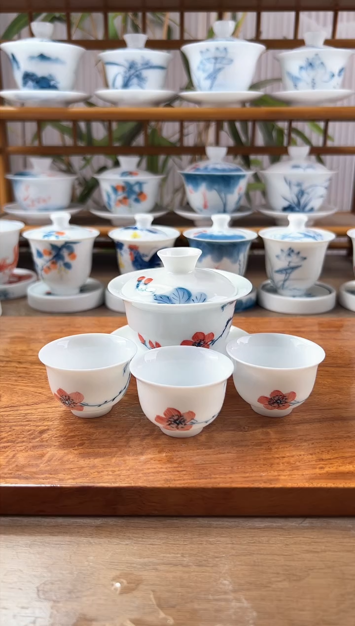 微瑕山茶花130ml三才盖碗+小美人杯3个