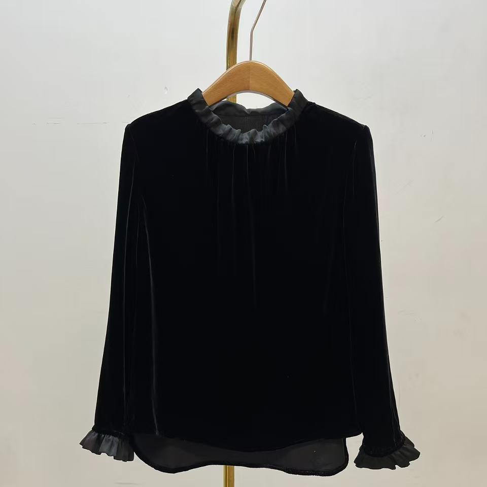 2026早春新款真丝欧根段褶皱领子桑蚕丝绒套头打底衫193189