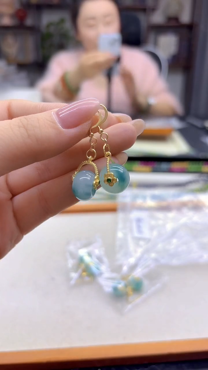 14K金镶嵌翡翠耳饰DIY款E978