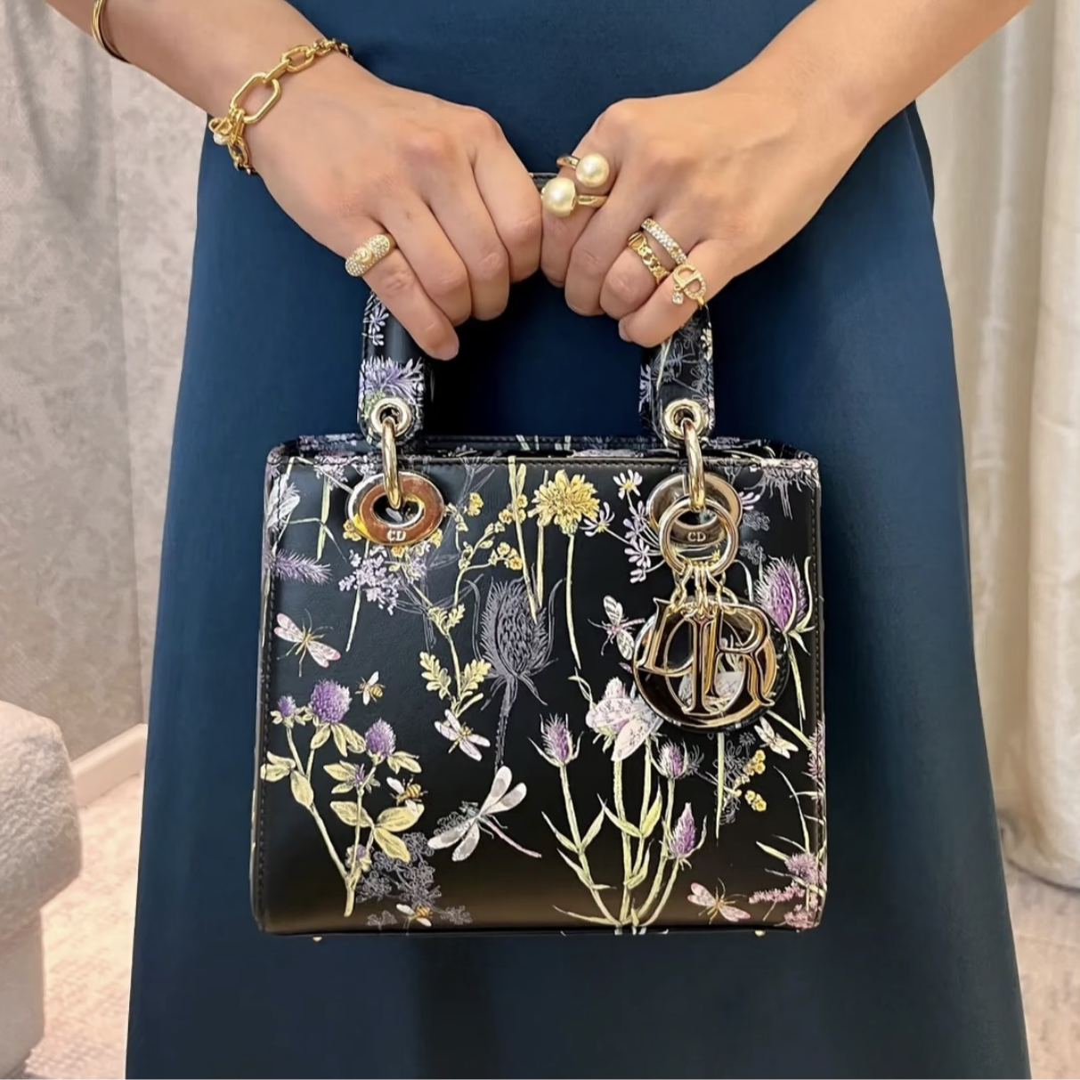 99新 DIOR/迪奥 小号 Lady Dior 手袋 羊皮拼牛皮