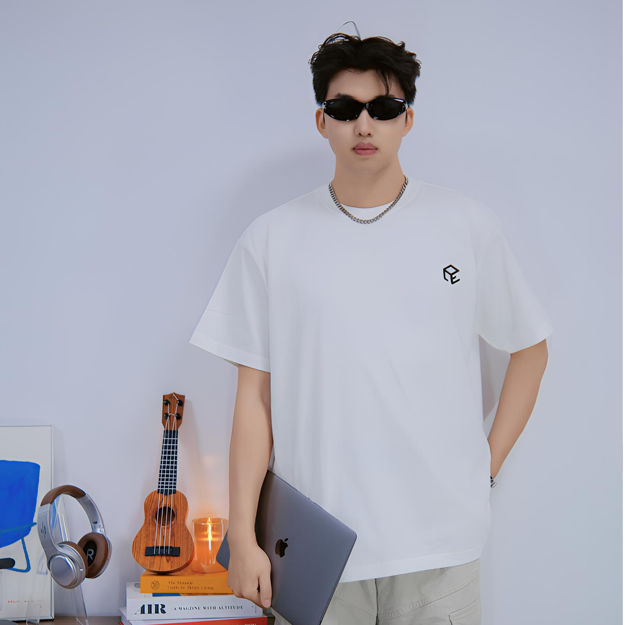 原创小众休闲纯色短袖常规落肩通用打底衫重磅圆领夏季日式T恤