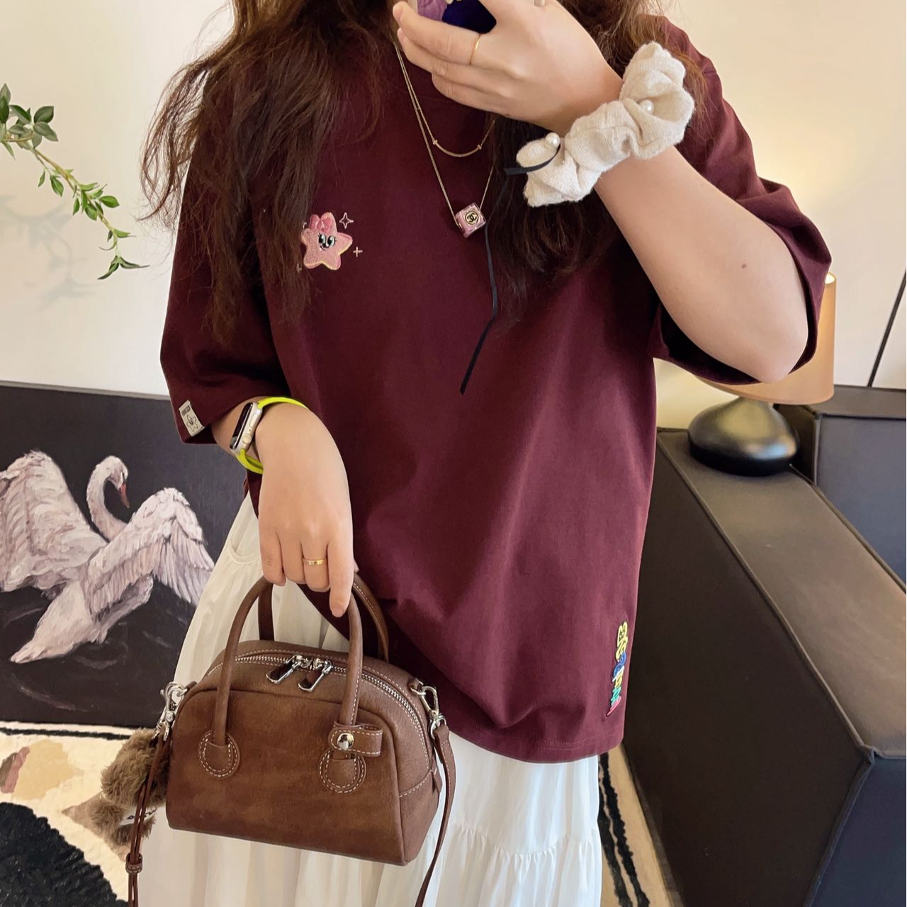 纸袋家早秋新款「刺绣五彩星双纱加厚短袖」XC5017设计感韩版T恤