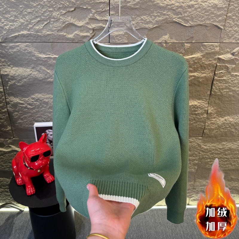 高档新款圆领加绒毛衣男士秋冬拼色时尚针织打底潮流男装打底上衣