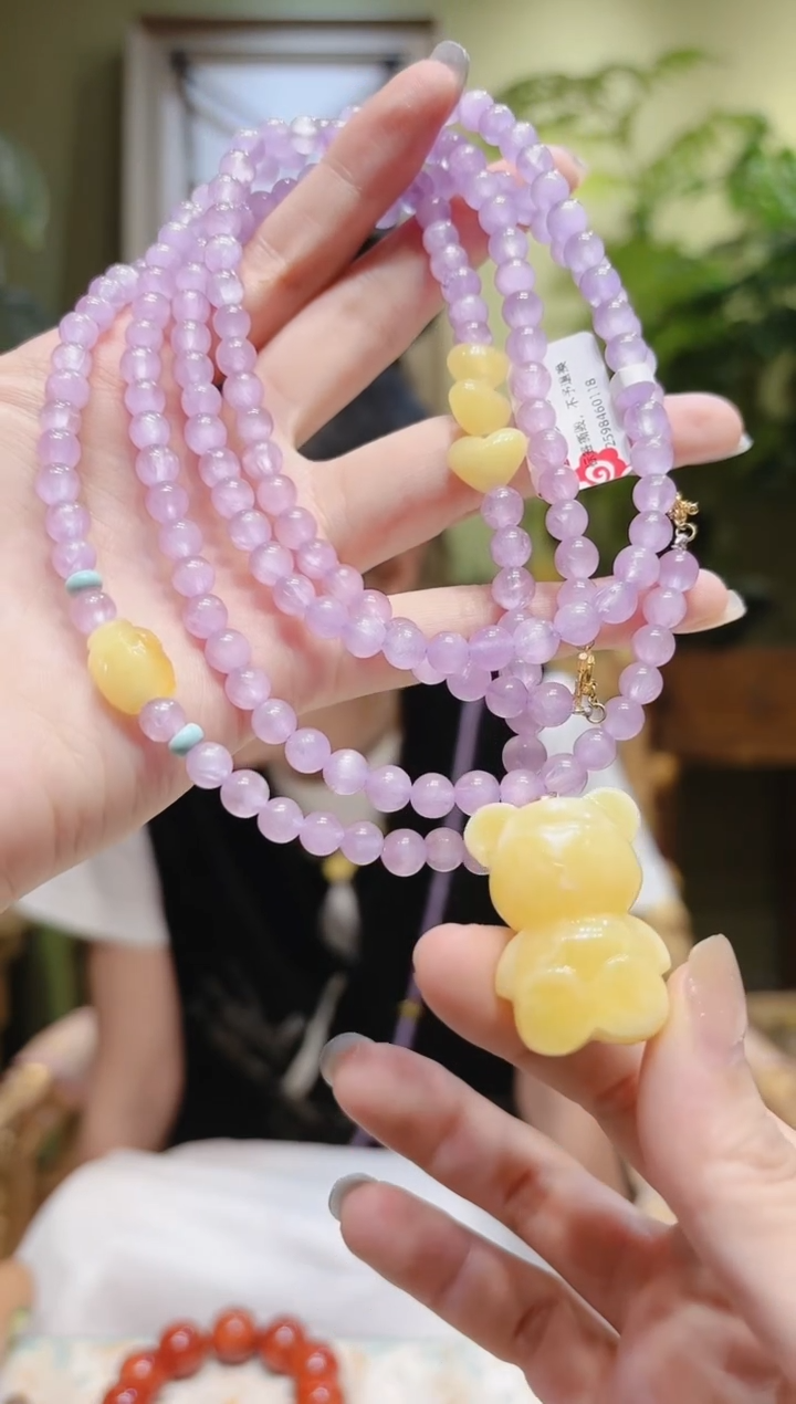 【闪购商品】锂辉石项链18K金镶嵌蜜蜡熊紫锂辉斜挎1号