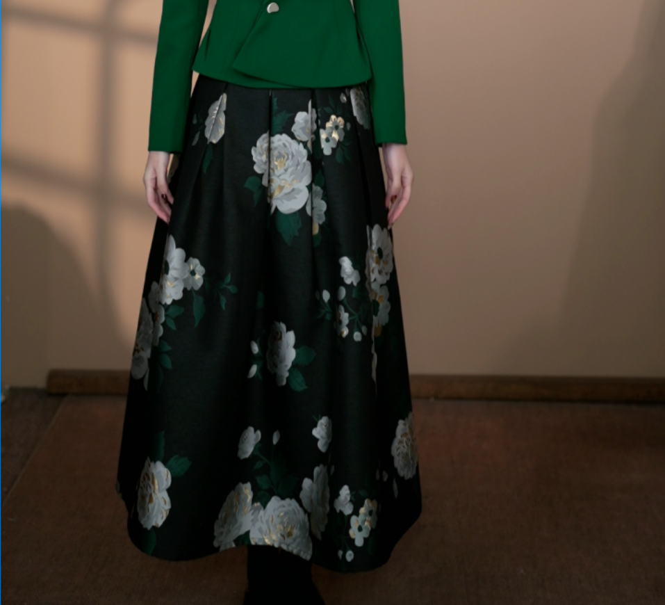 小井定制私服【】国画牡丹色赫本风伞裙J25W717