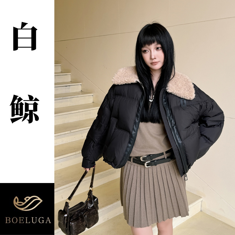 【白鲸】韩式羽绒翻领短款羽绒服女2025冬季新款黑色厚款外套6039