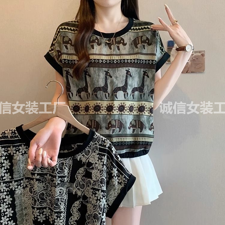 S200大码女装中老年时尚短袖复古印花显瘦上衣宽松妈妈装