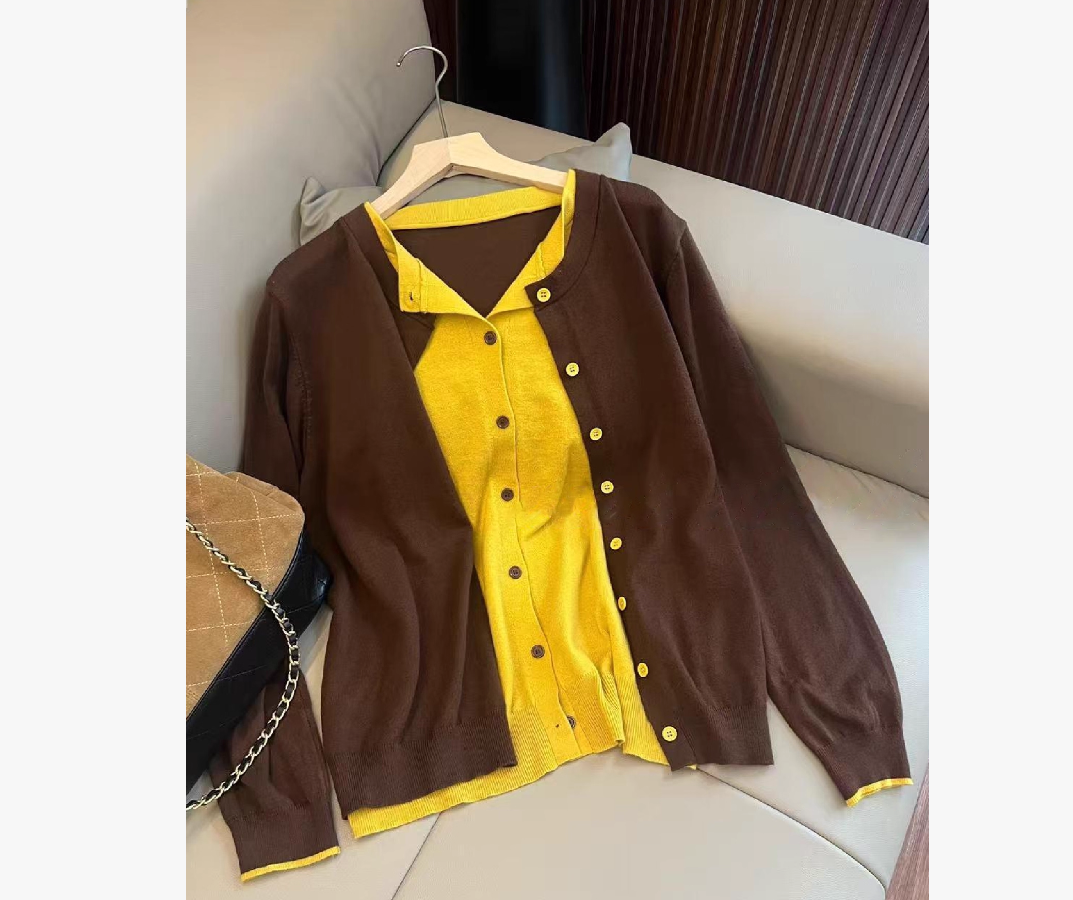 慵懒风假两件圆领长袖针织开衫外套女春季小众设计感宽松软糯上衣