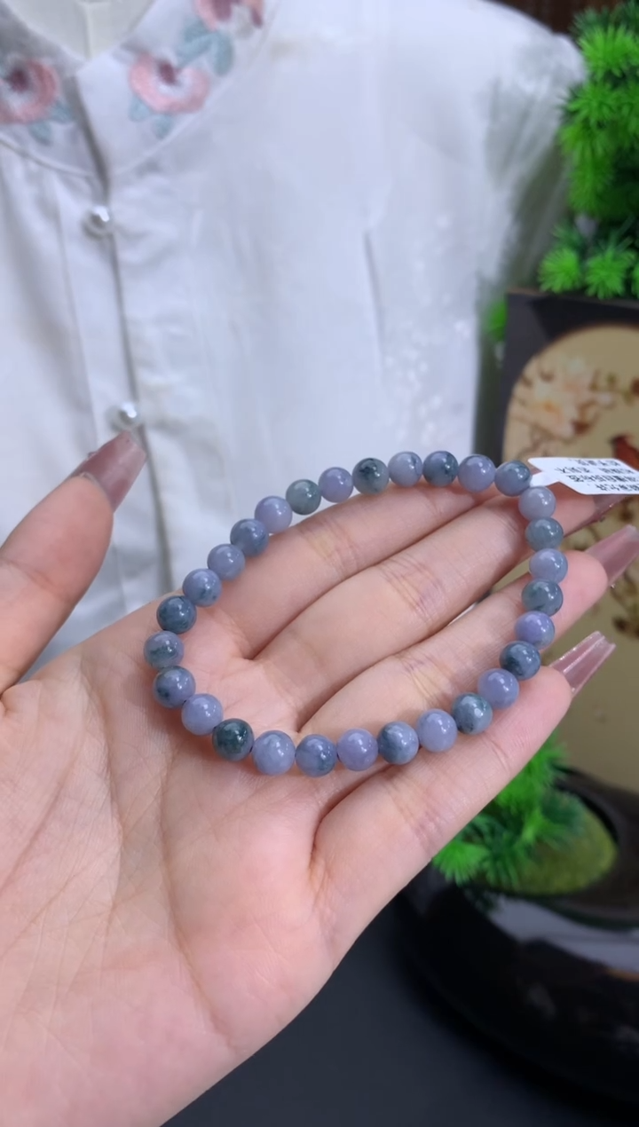 未镶嵌翡翠手链细糯紫底飘蓝花 卡6.5mm
