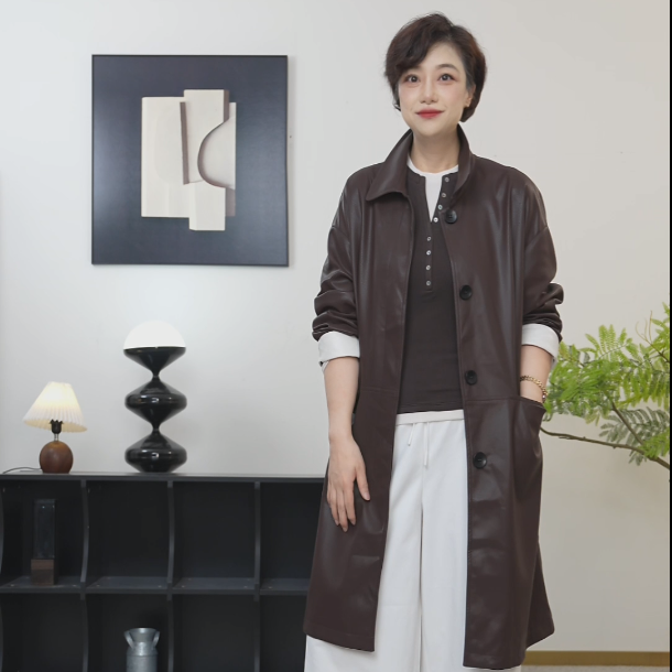 【U.M】布莱顿画报羊皮中长款拼色风衣外套