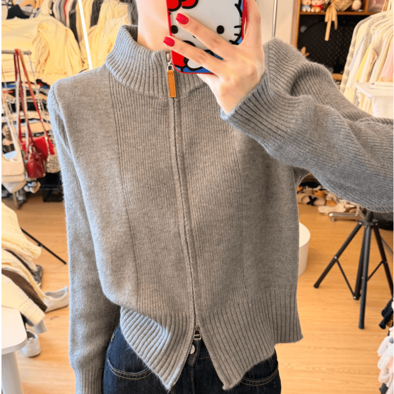 清仓慵懒风时尚感拉链针织衫外套女2025秋冬百搭短款毛衣上衣5031