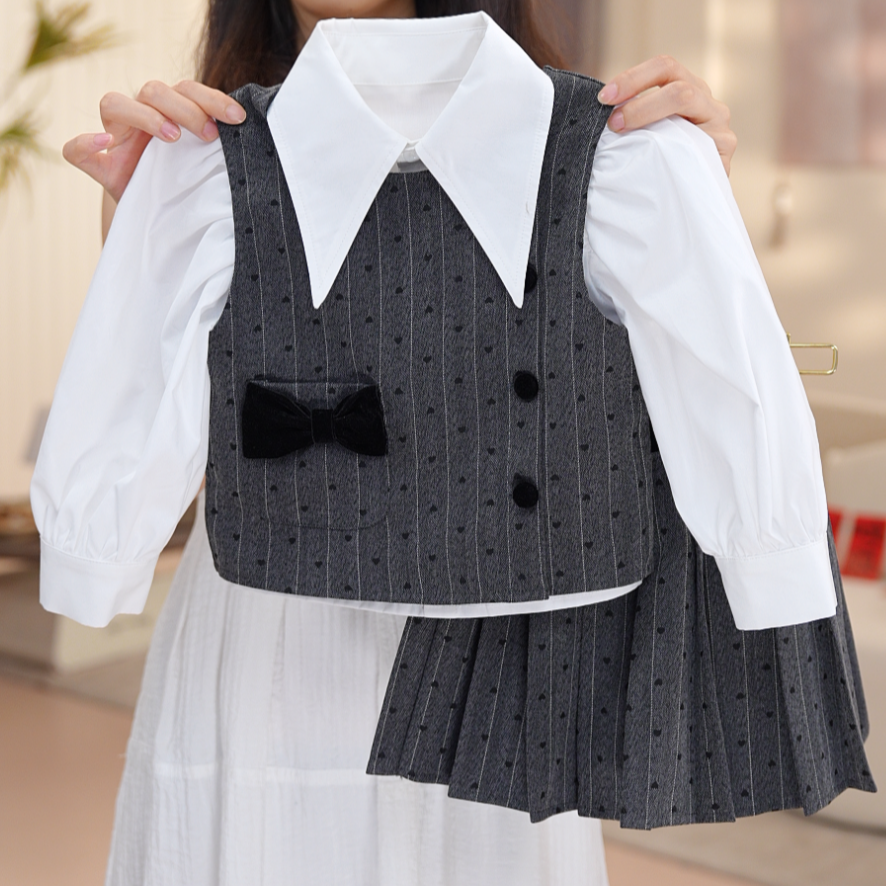 【庄妮】女童秋学院休闲风套装女孩小西装衬衫三件套百褶裙QA30515