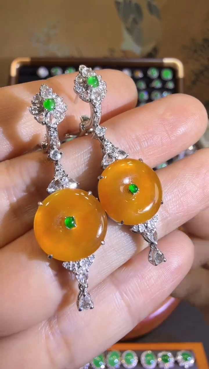 【闪购商品】翡翠耳饰18K金镶嵌高冰玻起胶平安扣耳坠