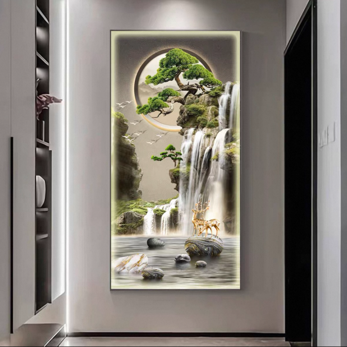 新款轻奢流水生财入户玄关装饰画走廊过道竖版壁画