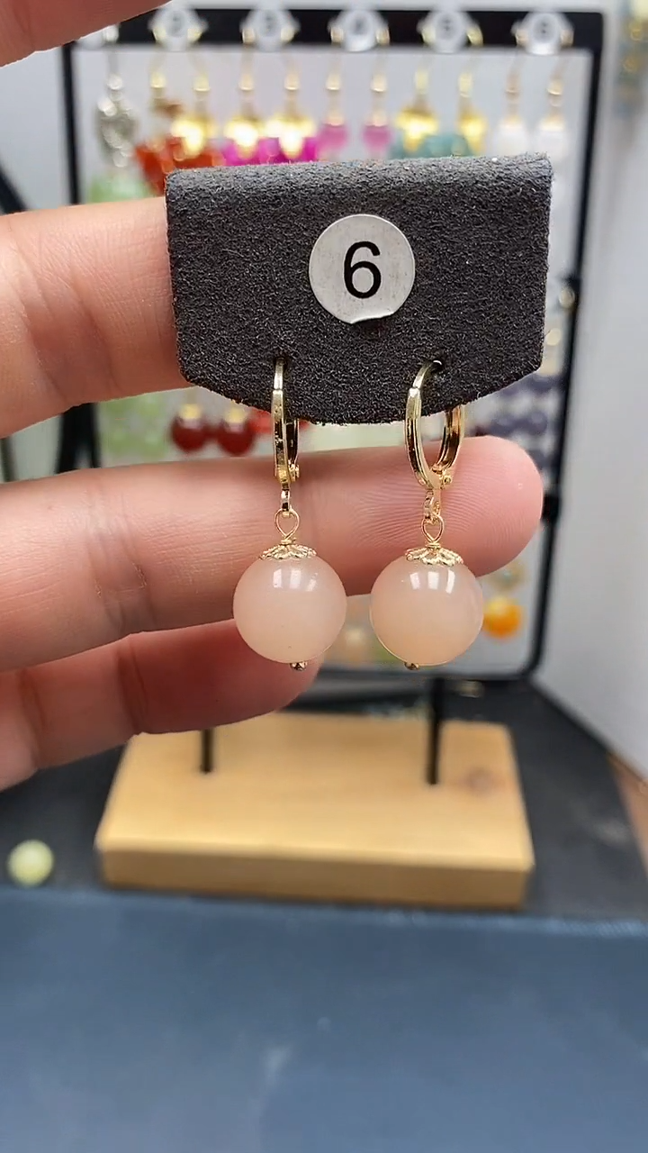 银S925镀金镶嵌和田玉耳饰尺寸12mm耳扣藕粉