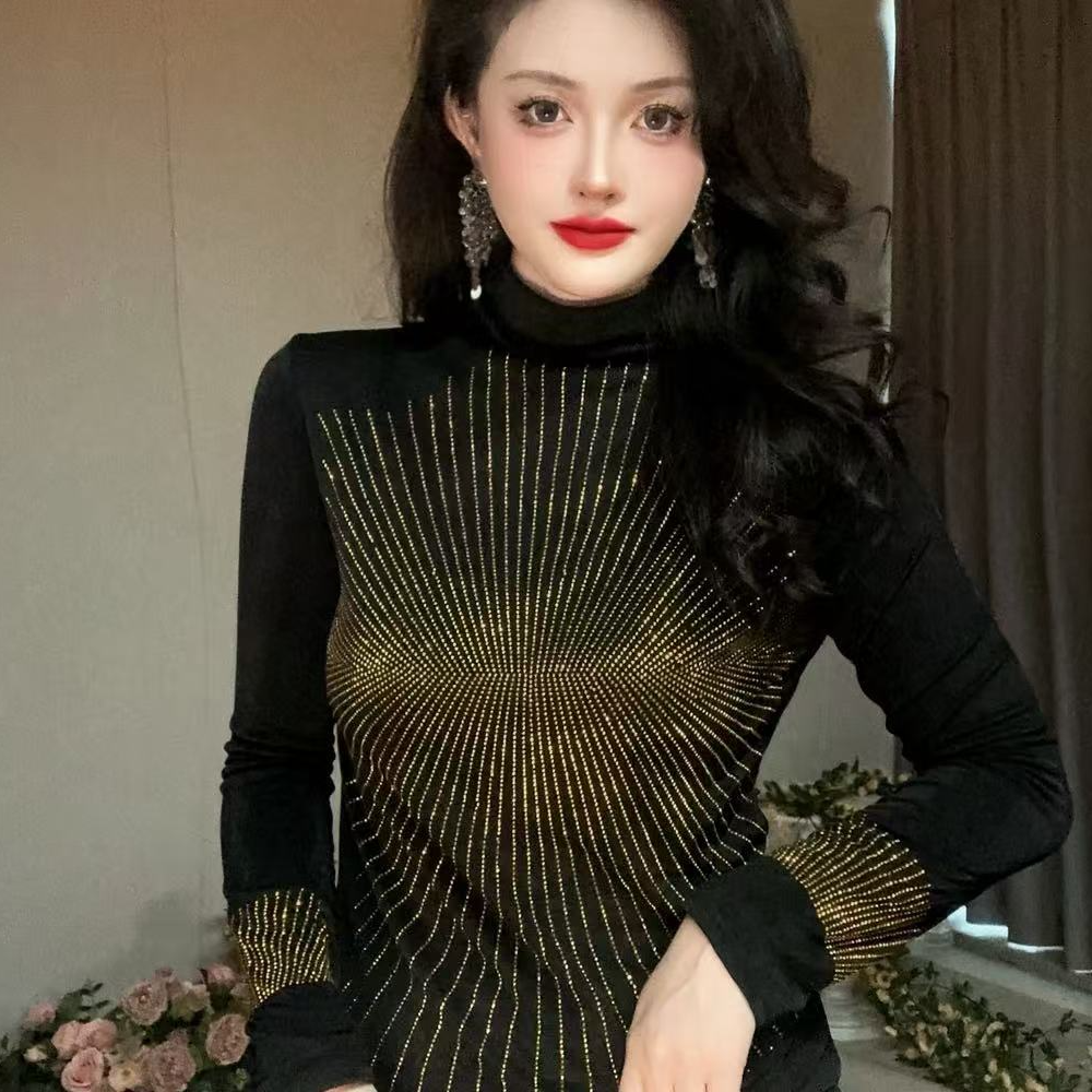 TZ8078太阳花打底衫女装欧货重工烫钻长袖T恤上衣女