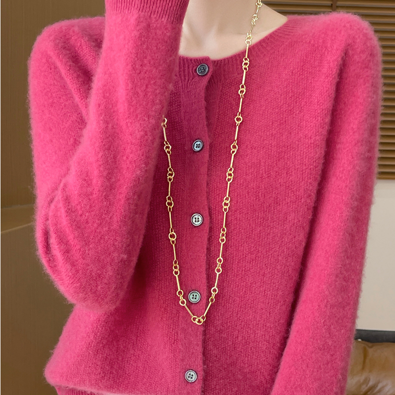 桂花针圆领长袖开衫上衣100纯羊毛D019