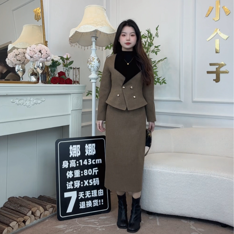 【3娜娜小个子】140cm显贵复古厚款小香拼色双排扣毛呢A字裙套装143