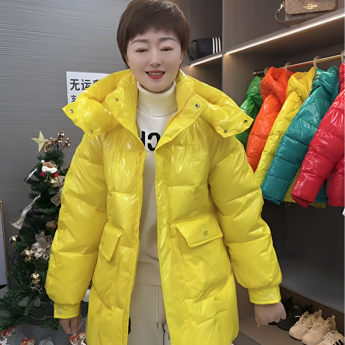 【女王团精选】794糖果色亮面免洗棉服女连帽中长款时尚百搭冬季