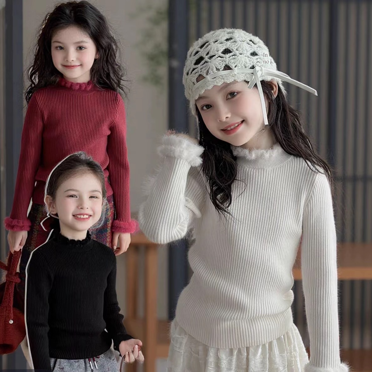 女童一体绒打底针织毛衣加厚加绒儿童木耳边绒边针织衫半高领毛衣