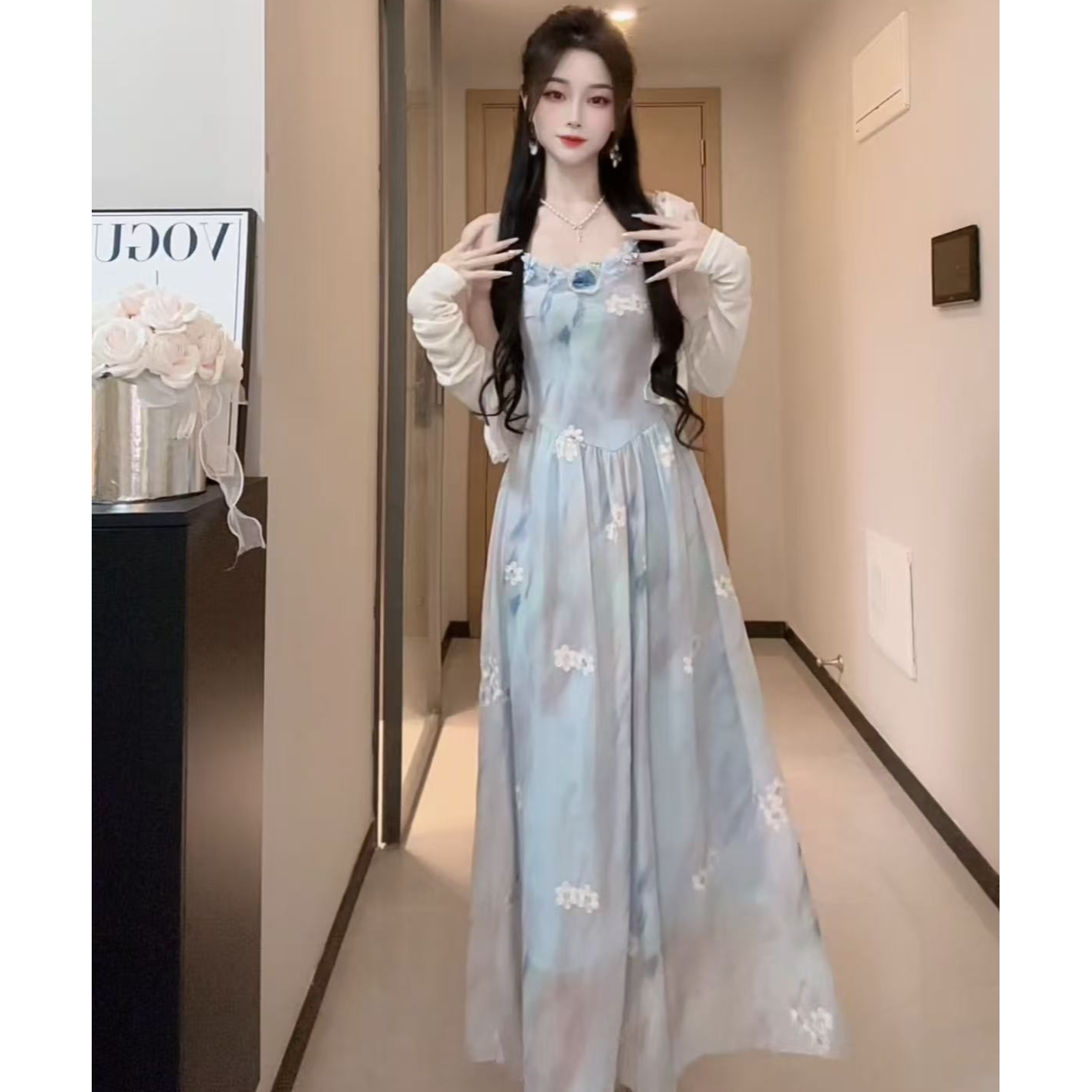 森系重工吊带连衣裙2025春夏季防晒开衫套装仙女长裙两件套