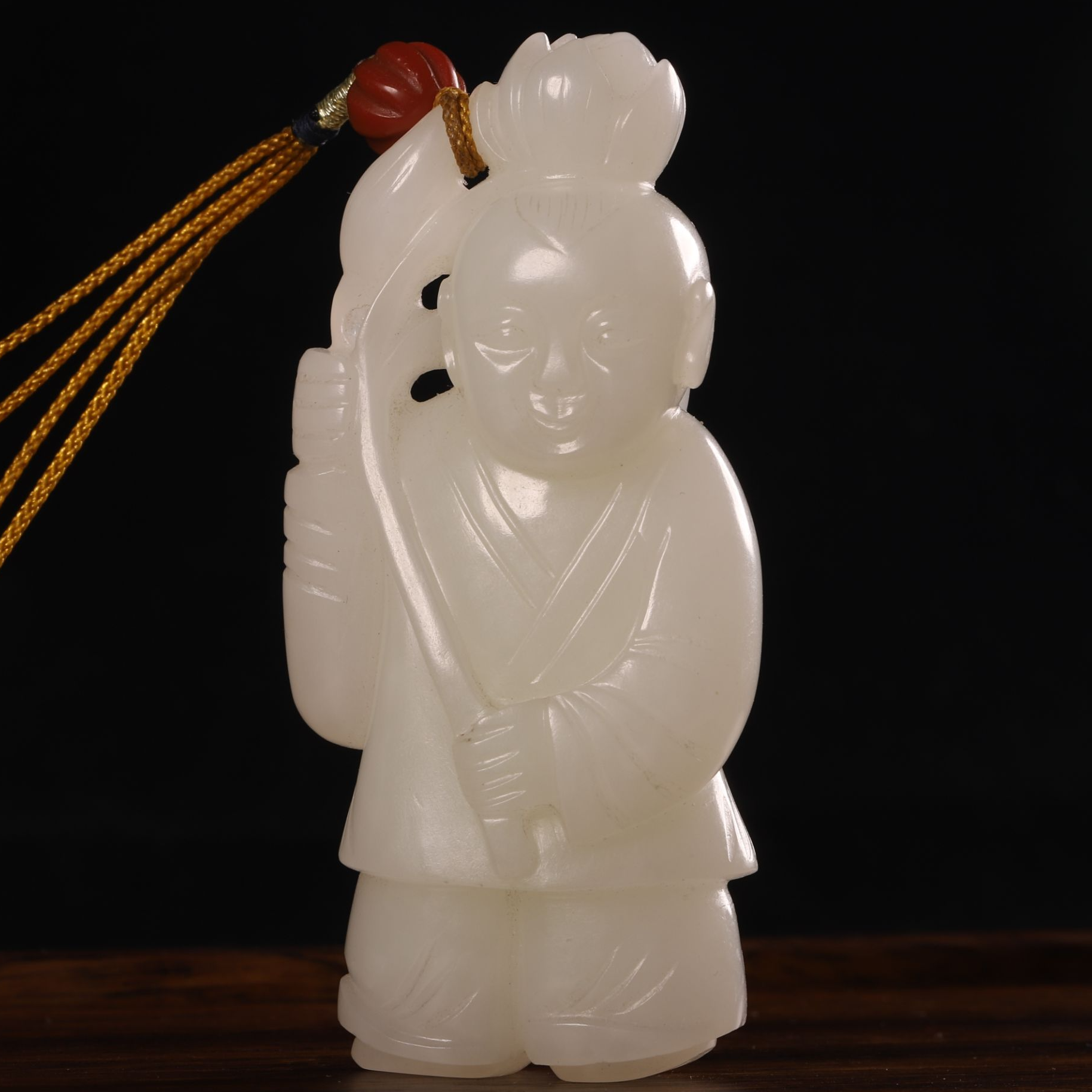 清  和田玉《持莲童子》挂件，多子多福，连生贵子，古玉，老玉。