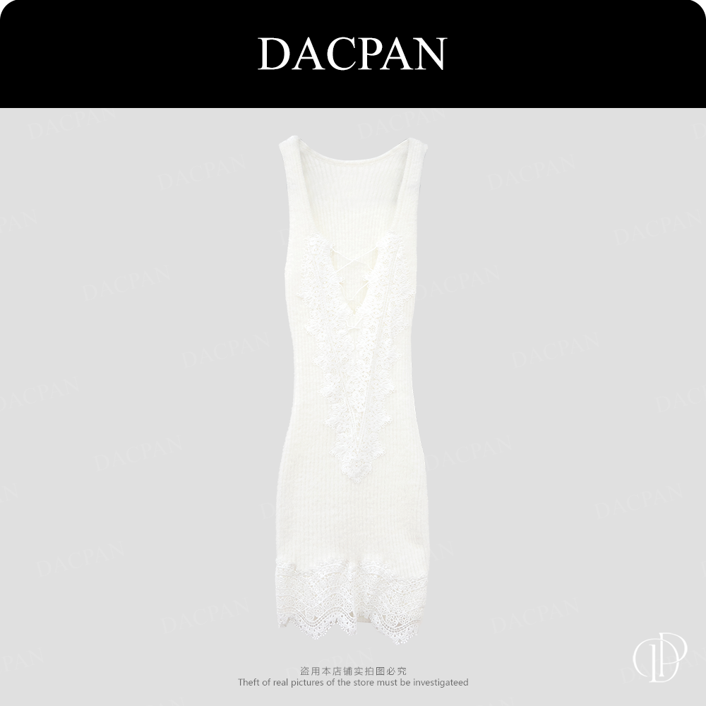 DACPAN-“水仙”V领性感蕾丝水貂毛无袖连衣裙 2025/盼·PP 8312