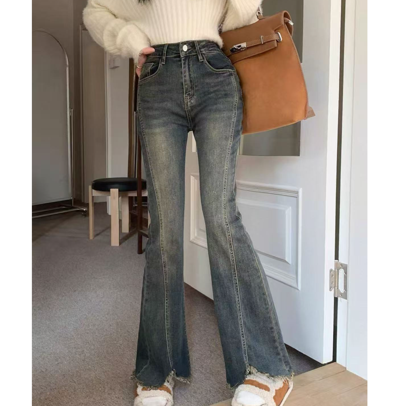 9156-大码胖MM（蓝灰）高腰喇叭牛仔裤