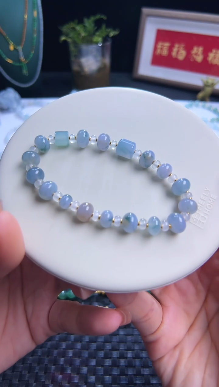 足金镶嵌手串翡翠种老起胶紫翡!卡8鼓珠莫奈花园特色料！超酷！