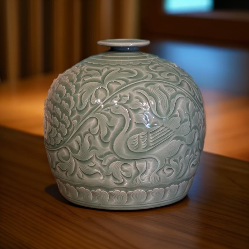 恋长安仿宋仿古耀州窑青瓷文房摆件花器花瓶溜肩蓉塘戏鹭纹嘟噜瓶