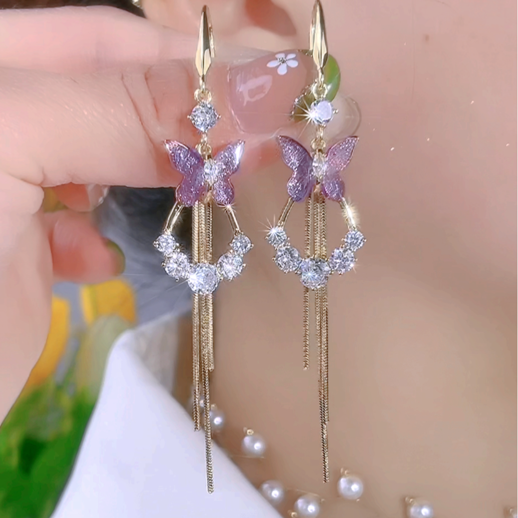 铜合金合成锆石耳饰 【79号】高档女人味气质蝴蝶耳钩流苏时尚耳环