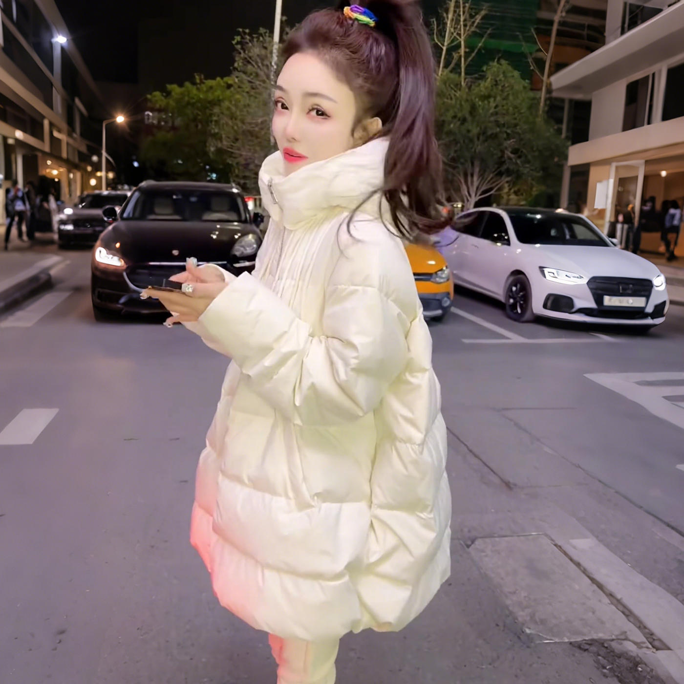 新款韩版时尚洋气中长款棉服女士休闲宽松遮肚子显瘦连帽棉衣外套