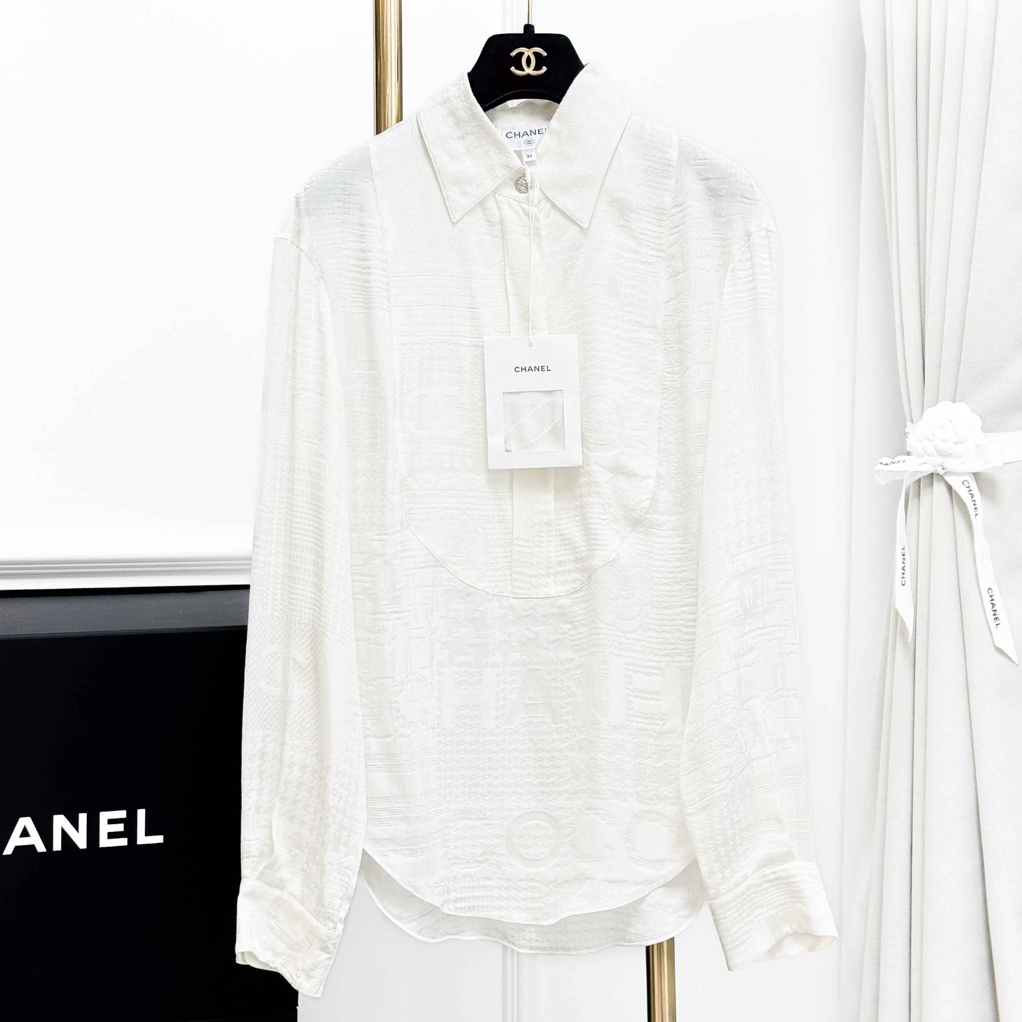 99新 Chanel/香奈儿 34码22K乳白色双C字母山茶花暗纹真丝衬衫