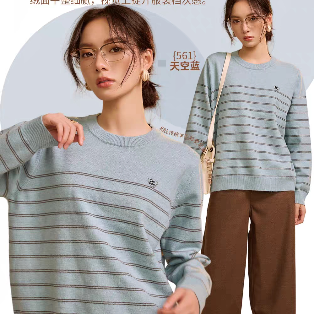女士条纹毛衫秋冬加厚圆领针织套头女款毛衣宽松休闲针织衫561
