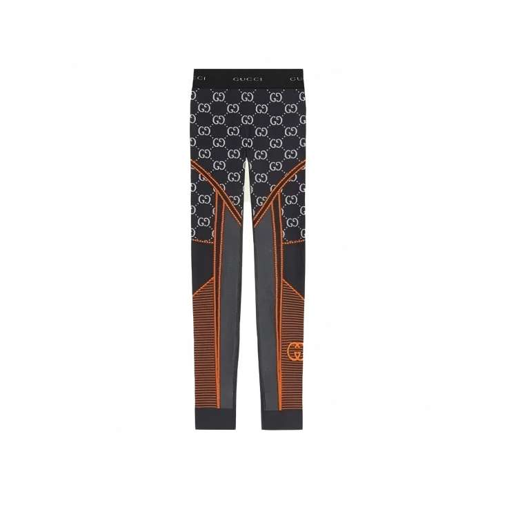 GUCCI/古驰女士黑色/橙色锦纶中腰修身GG针织提花紧身打底裤