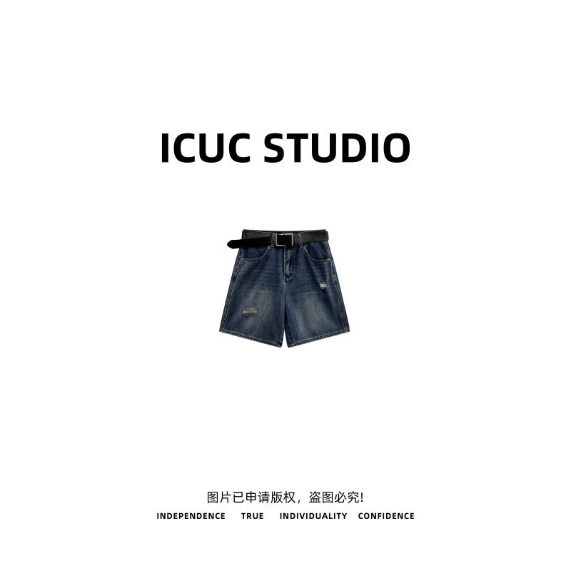 ICUC STUDIO-【破洞牛仔短裤】夏季高腰休闲五分短裤81920