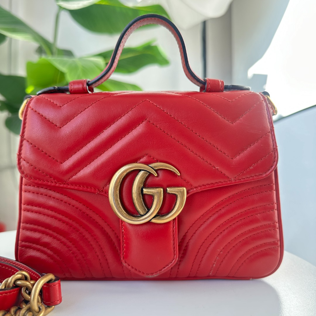 95新 GUCCI/古驰 95新 马蒙红金邮差mini斜挎包小号手提包