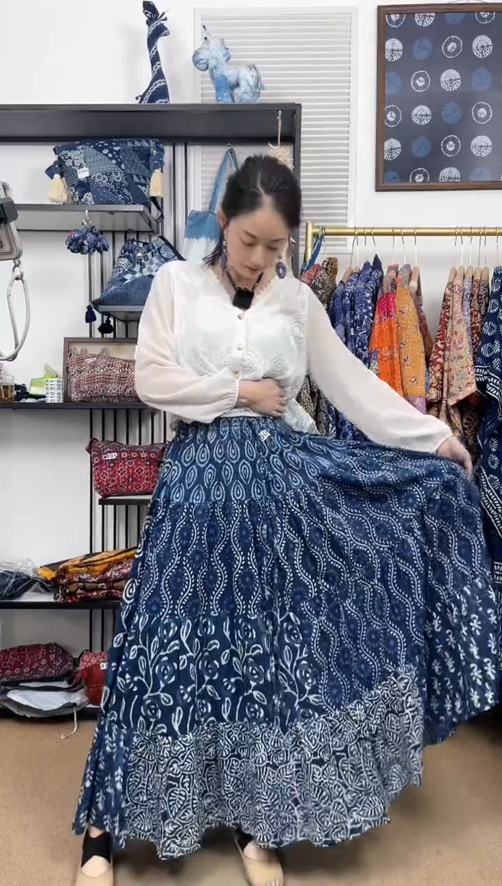 【闪购商品】501印度长绒棉拓印蓝染半身裙90cm长