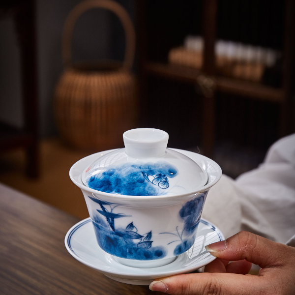 悬停盖碗微瑕吴氏品雅亭亭净植三才盖碗泡茶高温瓷荷花功夫茶具